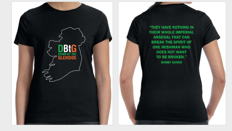 Women's crew neck t-shirt band merchandise for Down by the Glenside, with Bobby Sands quote and map of Ireland logo, on sale for $25
