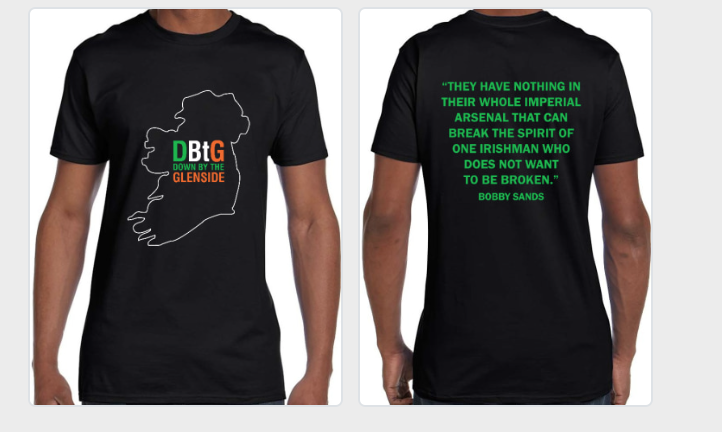 Men's crew neck t-shirt band merchandise for Down by the Glenside, with Bobby Sands quote and map of Ireland logo, on sale for $25