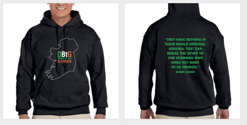 Down by the Glenside hooded sweatshirt band merchandise with Bobby Sands quote and map of Ireland logo is on sale for $40
