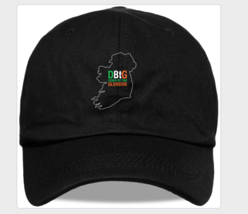 Black dad hat, baseball cap merchandise photo with map of Ireland and Down By the Glenside logo.